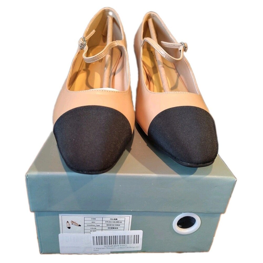 C Paravano Womens Heeled Shoes Cap Toe B-Beige Black EU 42 US 12 New Block Heel